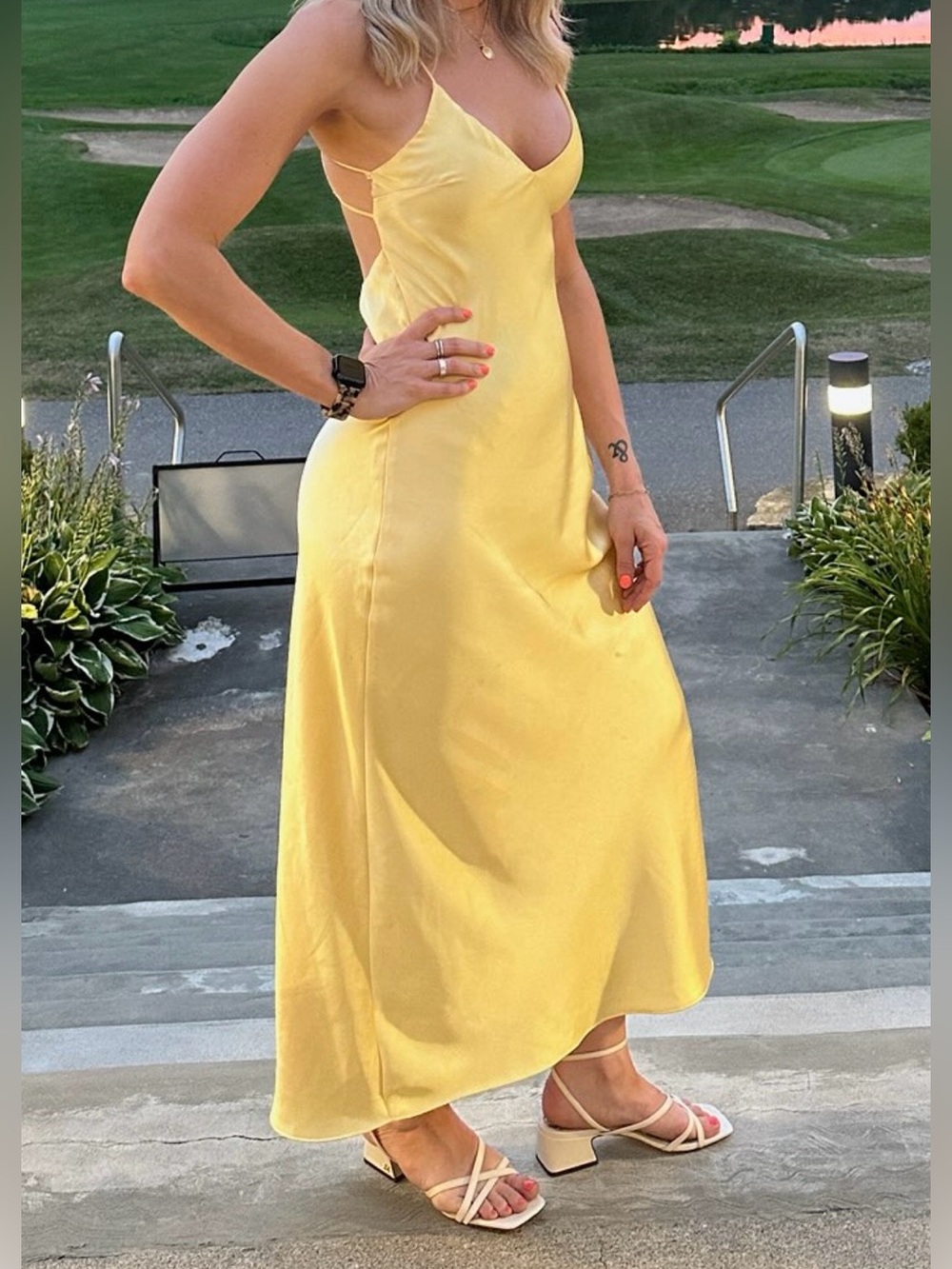 Zara Yellow satin Midi Dress